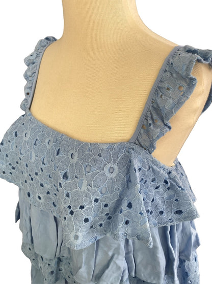 Medium J by JOA Blue Ruffled Sleeveless Blouse Eyelet Layered