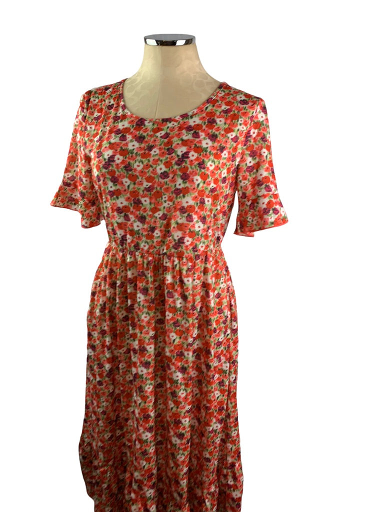 Medium Women's Floral Coral Print Tshirt Dress Midi Length Ruffle Hem