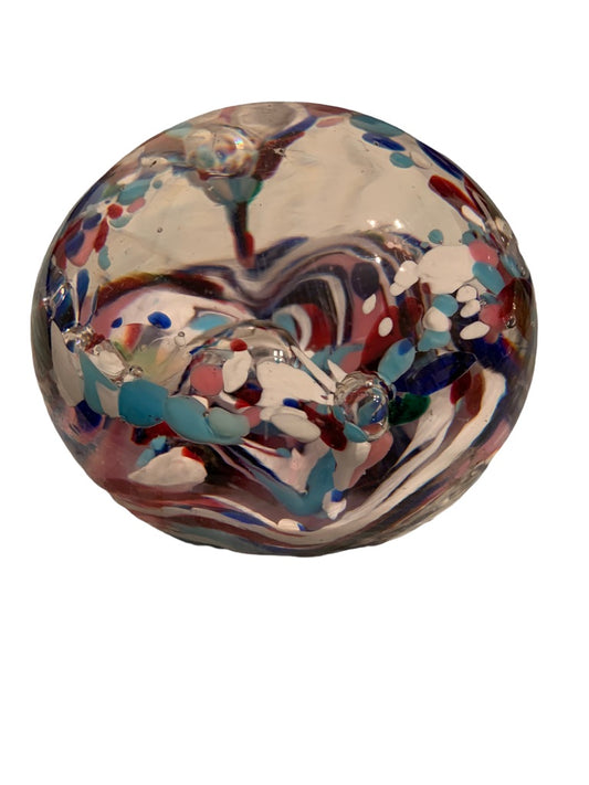 Heavy Glass Globe Paperweight Abstract Design Blue Purple White 3.5"d x 2.8"h