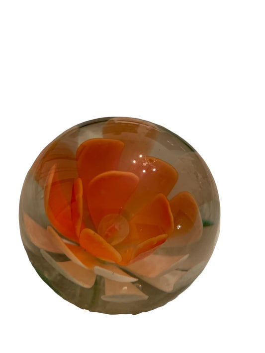 Small Glass Orange Flower Paperweight 2"d x 1.8"h