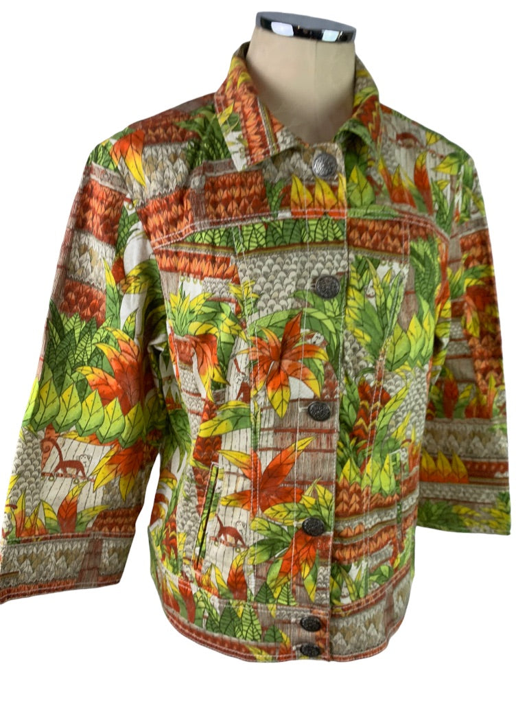 Large Chico's (Size 2) Button Up Collared Jacket Tropical Print Cotton Stretch