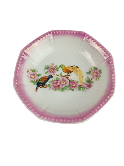 JK Unity Small Vintage Germany Bowl Pink Beaded Trim Bird Floral Design 4 3/4"d