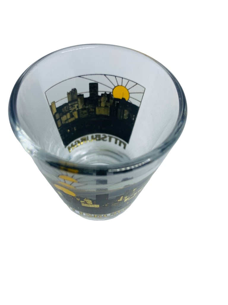 Pittsburgh Skyline Shot Glass Clear Black Gold Barware