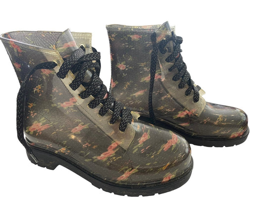 8 Bongo Floral Lace Up Lug Sole Boots Clear Rubber Coating