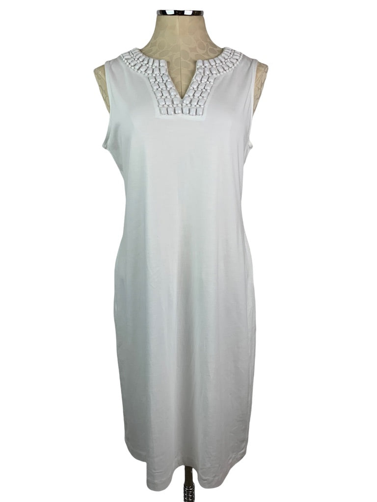 Large Talbots White Jersey Knit Sheath Dress Beaded Neckline Sleeveless Pullover