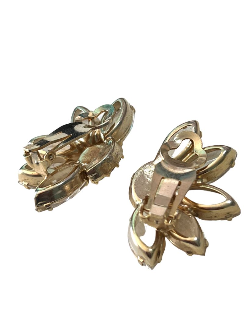 Vintage Rhinestone Glass Clip On Earrings Evening Formal Elegant Goldtone