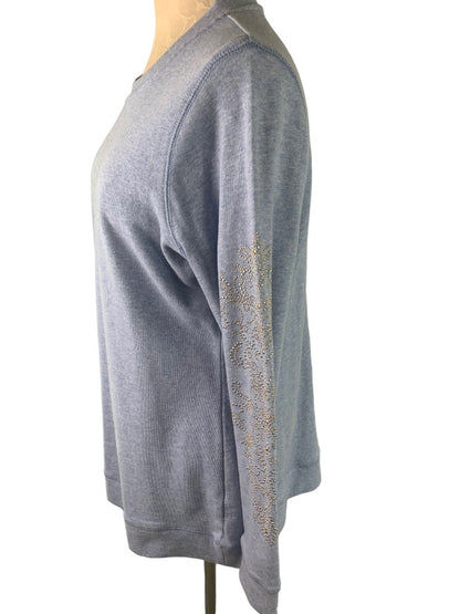 Medium DG2 by Diane Gilman Women's Heather Blue Embellished Sleeve Sweatshirt Pullover