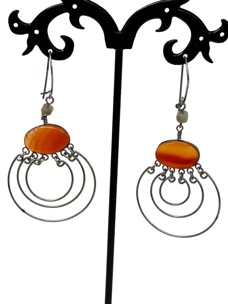 Silvertone Concentric Circle Earrings with Orange Stone Lightweight Wire Hook Pierced