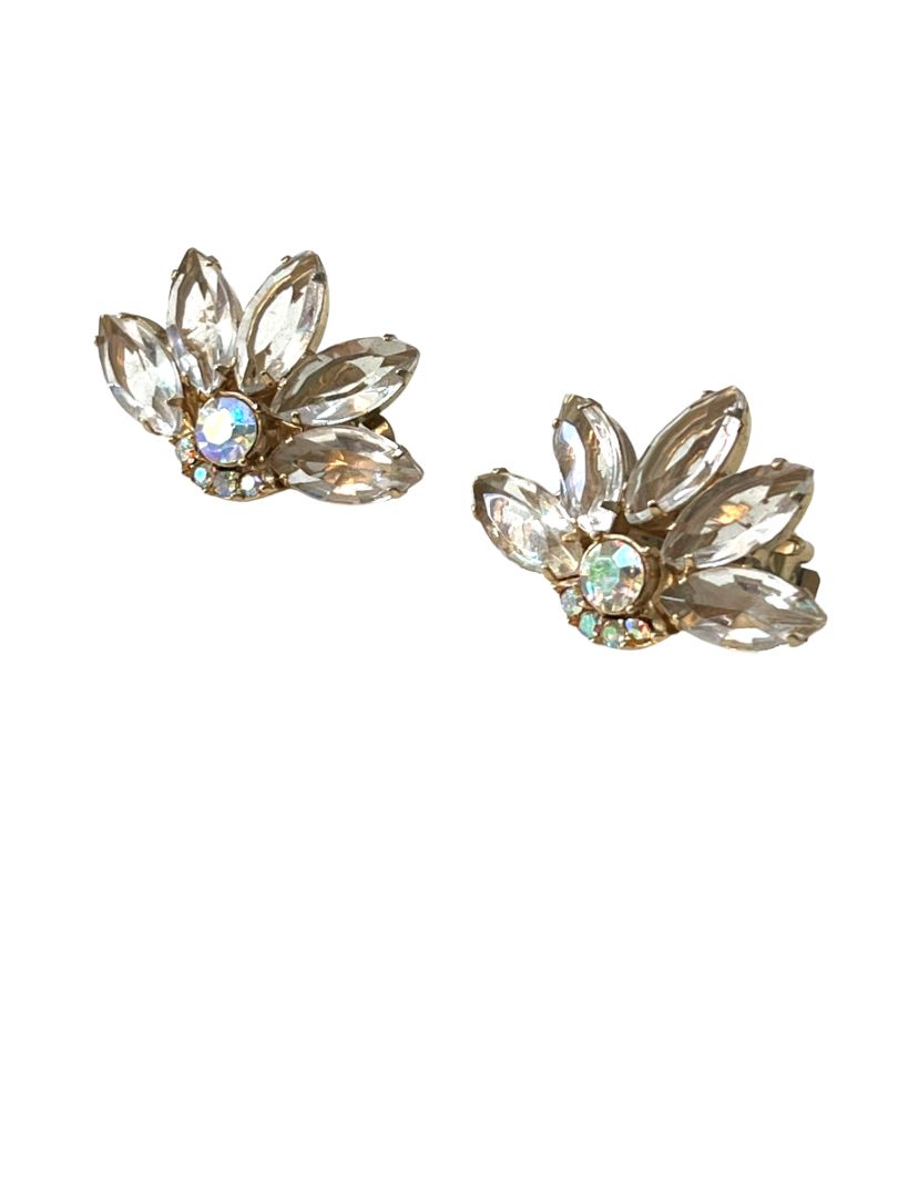 Vintage Rhinestone Glass Clip On Earrings Evening Formal Elegant Goldtone