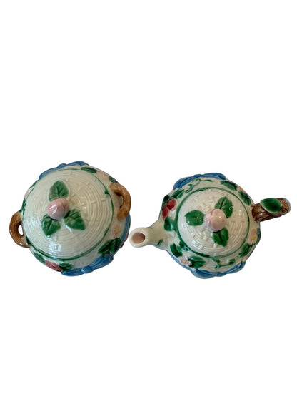 Vintage 1985 Haldon Creamer and Sugar Set Majolica Style Bow Ceramic