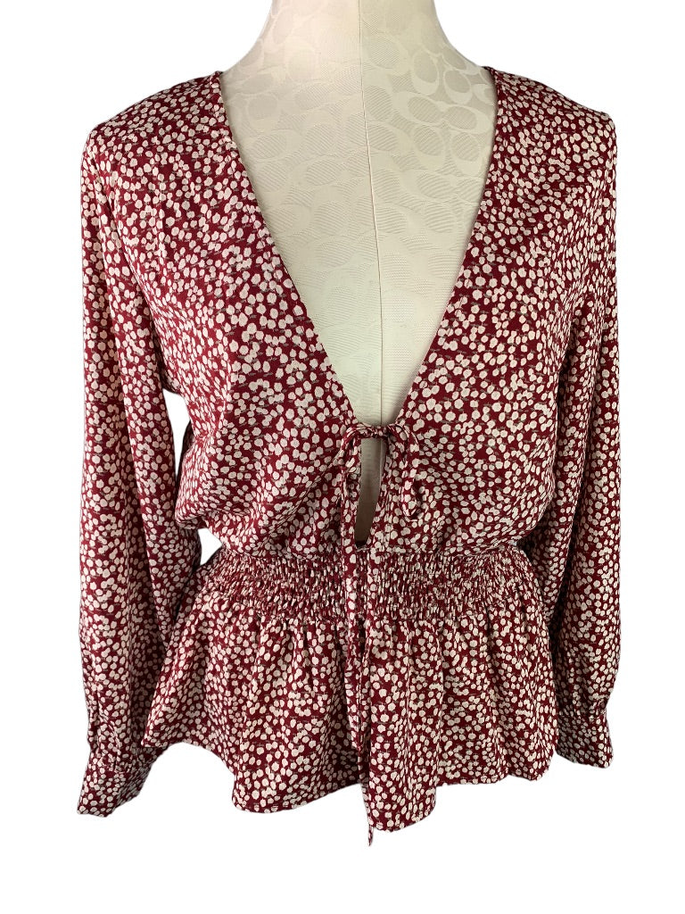 Medium Anama Womens Banded Waist Tie Front Blouse Floral Burgundy