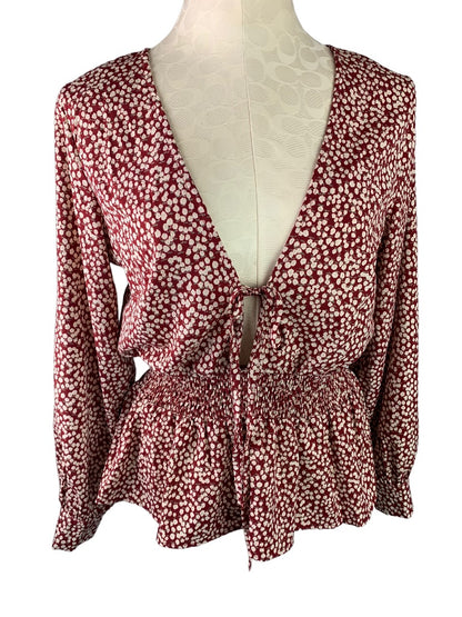 Medium Anama Womens Banded Waist Tie Front Blouse Floral Burgundy