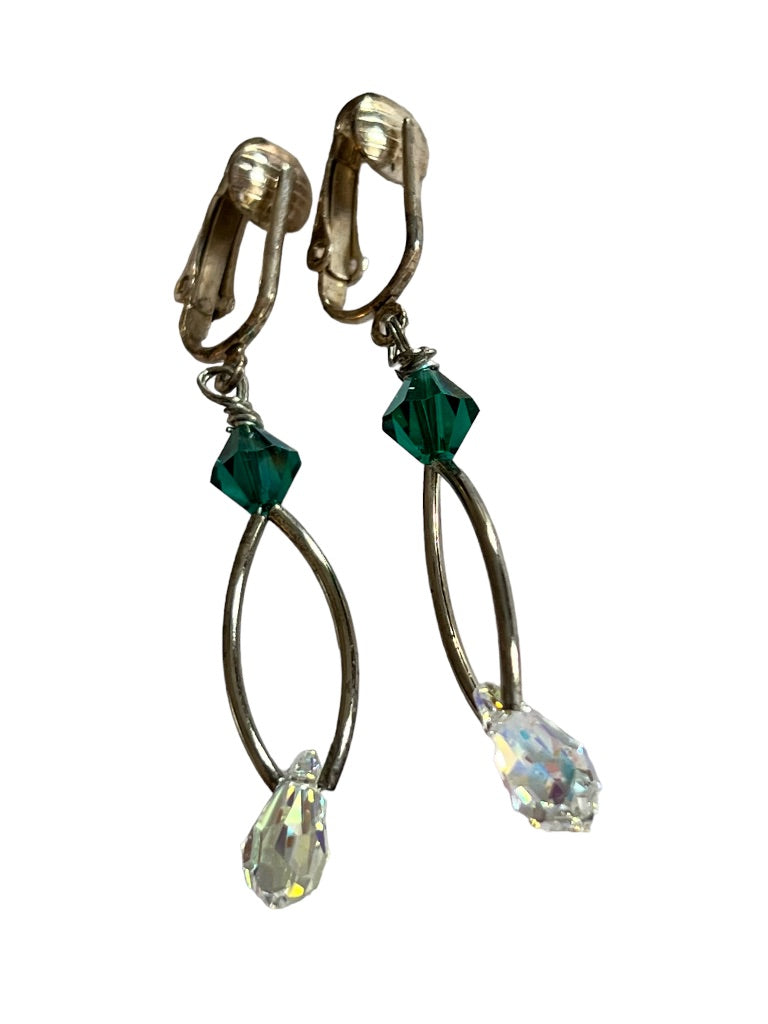 Silvertone Drop Earrings Green Clear Beaded Earrings