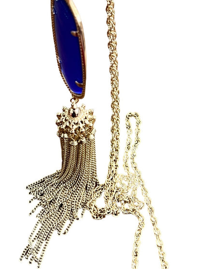 Kendra Scott Rayne Long Pendant Necklace Goldtone Blue Lariat Tassel 30" + 2"