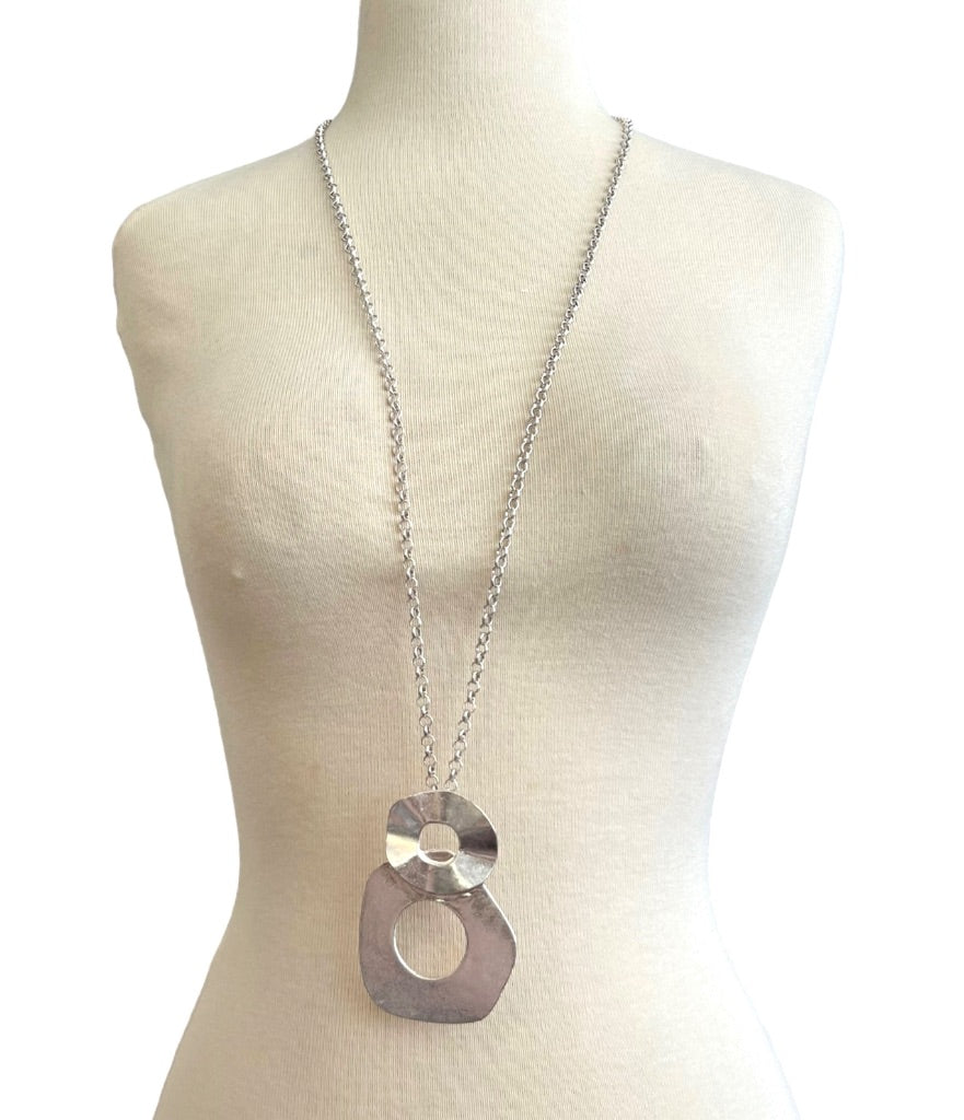 JV Silver Tone Long Necklace Link Chain With Large Silver Double Circle Pendant 36" + 3"