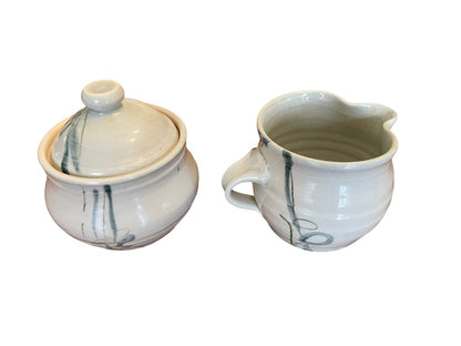 Art Pottery Sugar Bowl and Creamer Bug Designed Signed REB