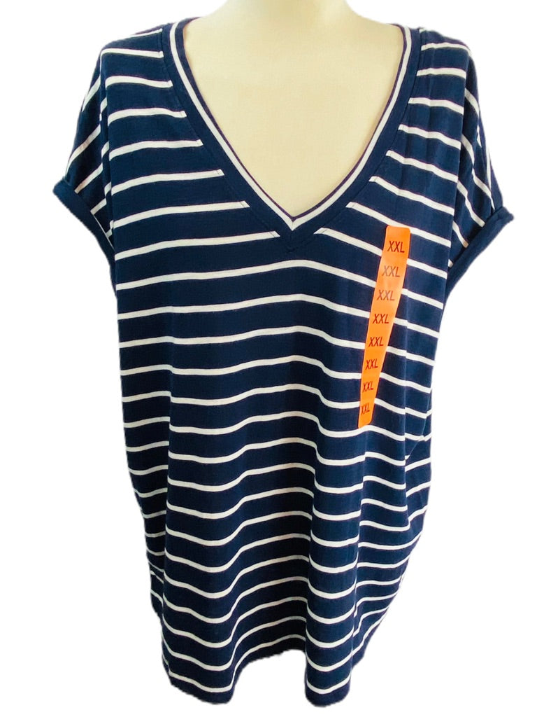 XXL Jessica Simpson Women's Navy Blue White Stripe Tshirt V-Neck New