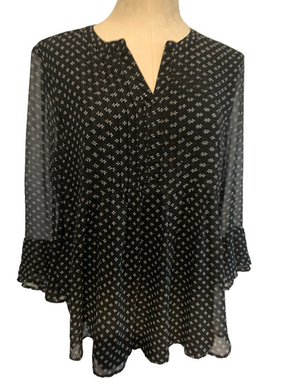 Large Izod Black Print Women's Pullover Blouse Sheer Bell Sleeve