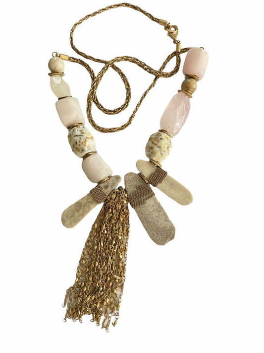 Anthropologie Multi Color Natural Stone Fringe Statement Necklace Gold Tassel