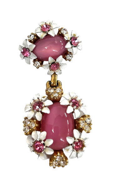 Midcentury Pendant Faux Pink Stone Enameled Daisies 2 Tier 2 Inch Drop