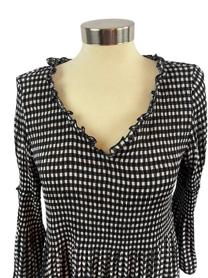 Large Charlie B. Women's Black White Gingham Flounce Blouse V-Neck