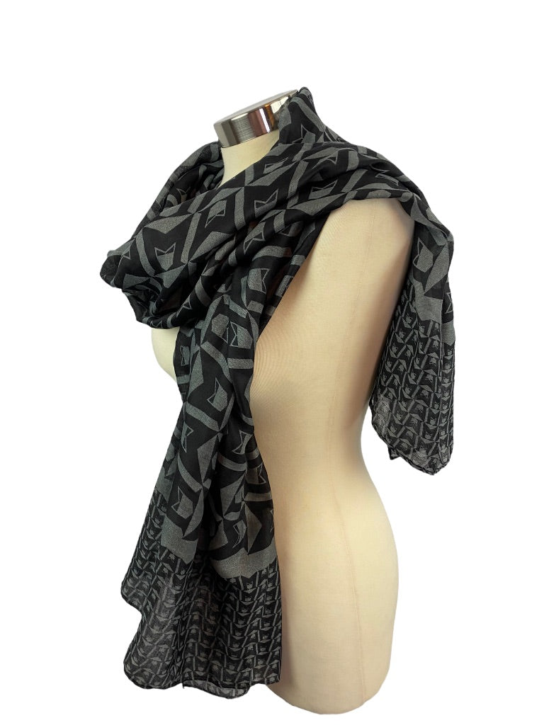 Mephisto Lightweight Black Gray Print Scarf 70 x 28"