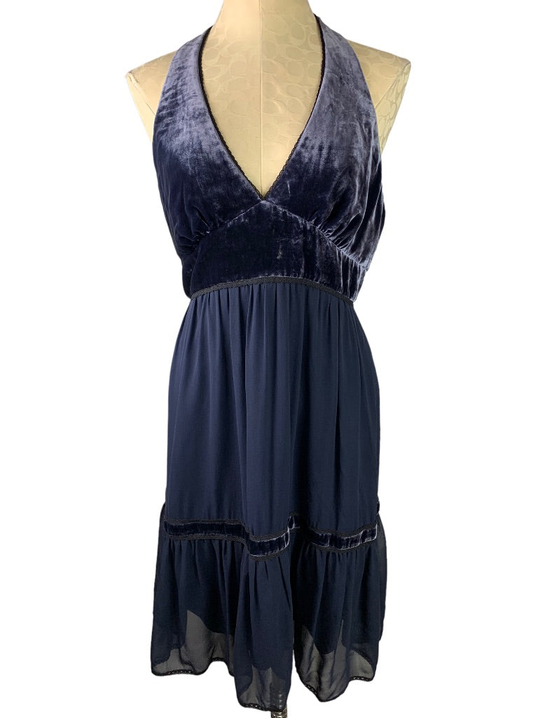 Medium BCBG Max Azria Purple Navy Halter Style Velvet Dress Silk Blend