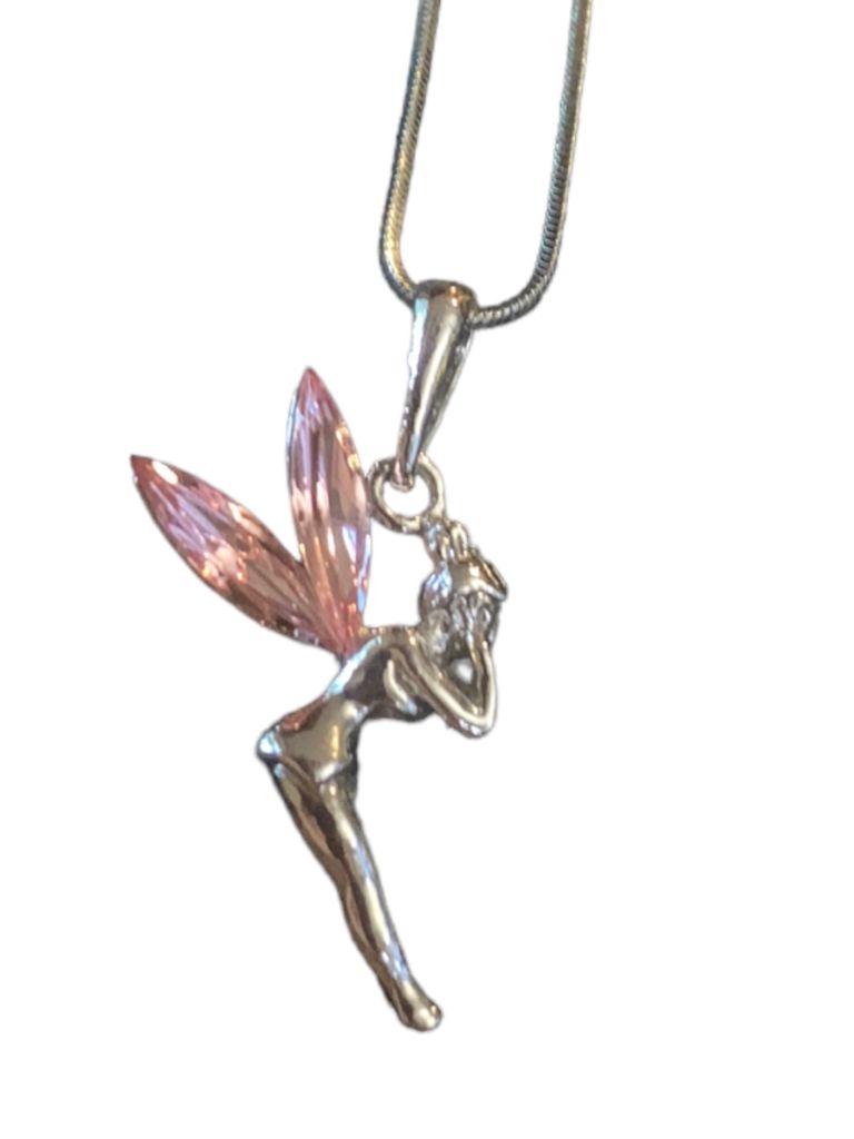 Silvertone Fairy Pendant 15.5" Chain Necklace Pink Jewel Wings 1.5" Pendant