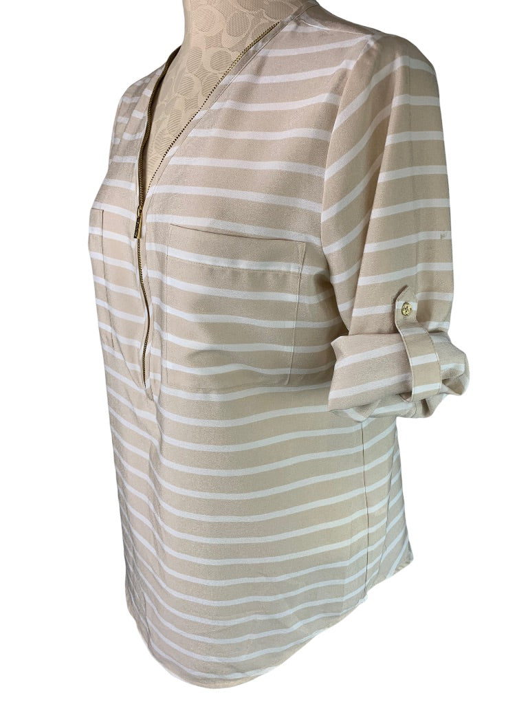 Small Calvin Klein Tan White Stripe 1/2 Zip Slightly Sheer Women's Blouse