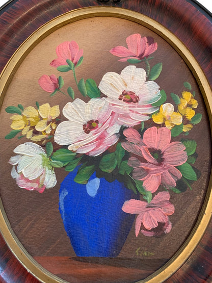 Vintage Framed Oil Painting Still Life Flowers Oval Gesco Studios Philadelphia