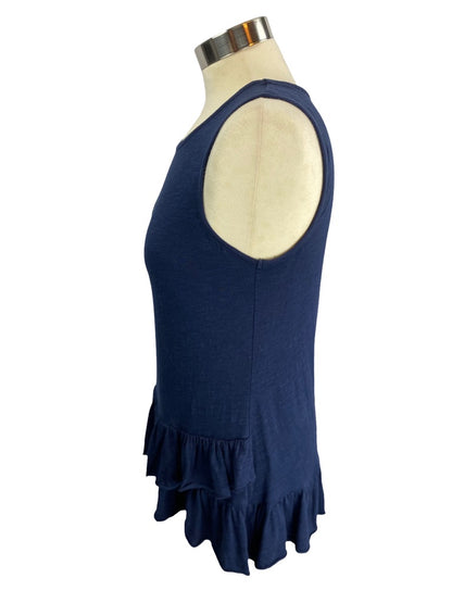 XS DG2 Diane Gilman Navy Blue Ruffle Hem Sleeveless Tshirt Tank Tunic Length