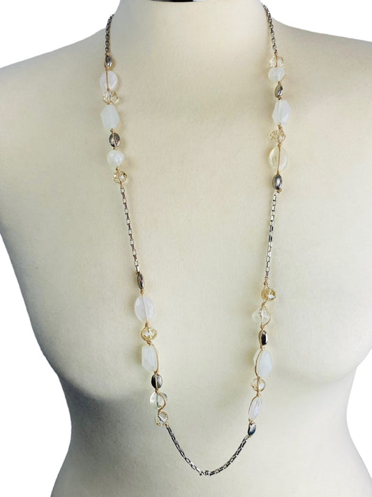 Ann Taylor Loft Silvertone Box Chain 37" Beaded Necklace Mixed Materials