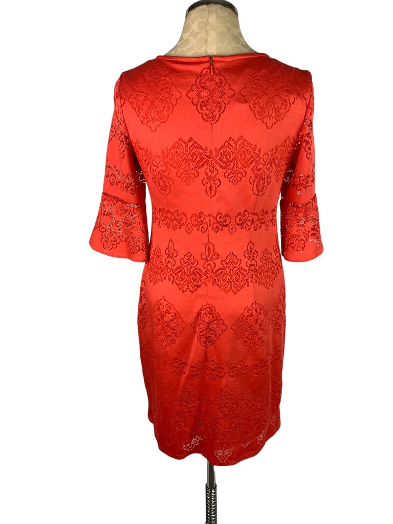 6 Dressbarn Bright Coral Stretch Lace Sheath Dress Bell Sleeve Back Zip