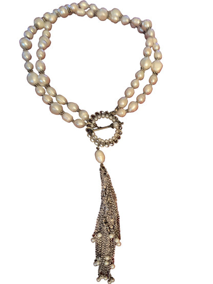 Double Strand Faux Pearl and Freshwater 20" Toggle Clasp Tassel 7"