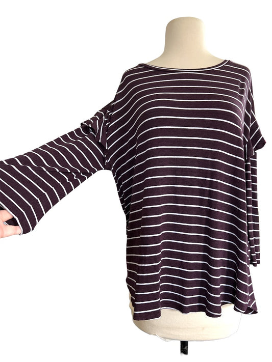 Large Dolan Anthropologie Plum Striped Long Sleeve Ruffle Blouse Shirt