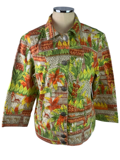 Large Chico's (Size 2) Button Up Collared Jacket Tropical Print Cotton Stretch