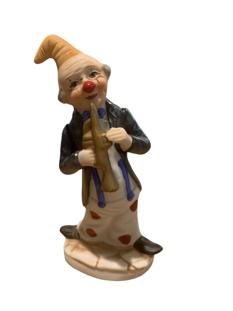 Vintage 1970s Porcelain Hobo Clown Figurine Trumpet Playing Figurine 6"
