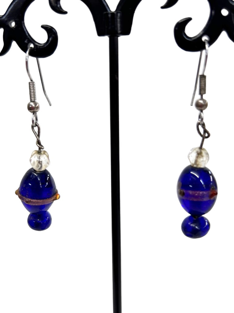 Blue Glass Beaded Earrings Pierced Hook 2" Drop Dangle Silvertone Hook
