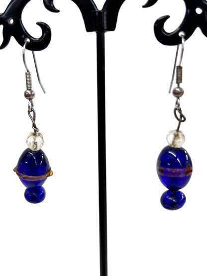 Blue Glass Beaded Earrings Pierced Hook 2" Drop Dangle Silvertone Hook