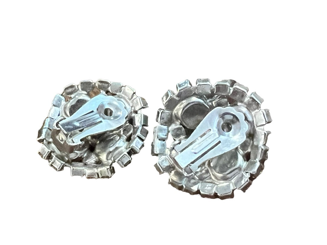 Vintage Formal Rhinestone Round Clip On Earrings Evening Bling