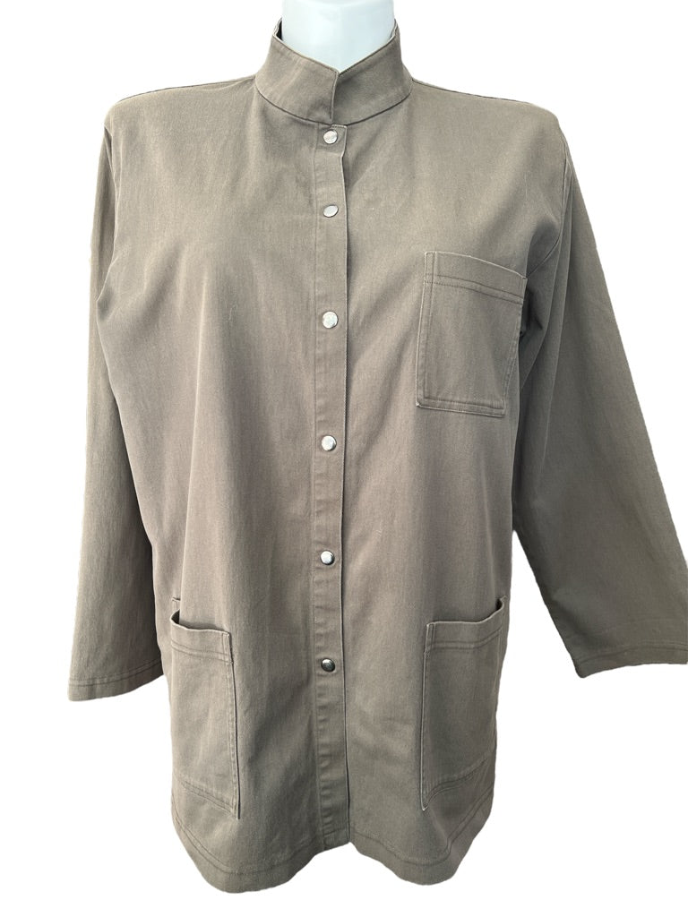 Large Eileen Fisher Olive Organic Cotton Long Jacket Snap Front