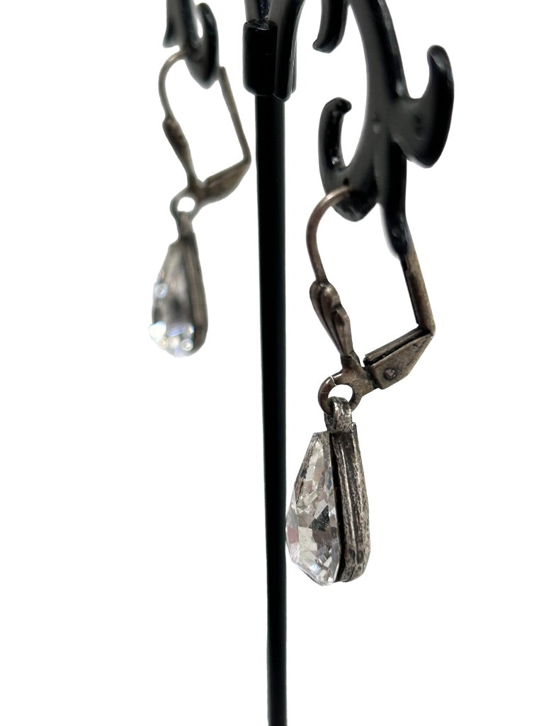 Teardrop Shape Clear Rhinestone Earrings Silvertone Earrings Leverback 1.25" Drop Dangle