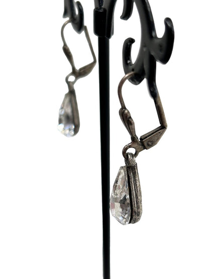 Teardrop Shape Clear Rhinestone Earrings Silvertone Earrings Leverback 1.25" Drop Dangle