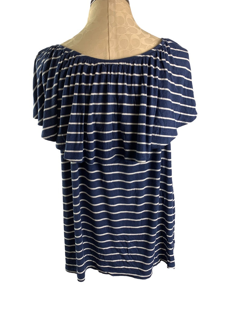 18/20 Avenue Jersey Knit Off Shoulder Blue White Stripe Short Sleeve Top Women's