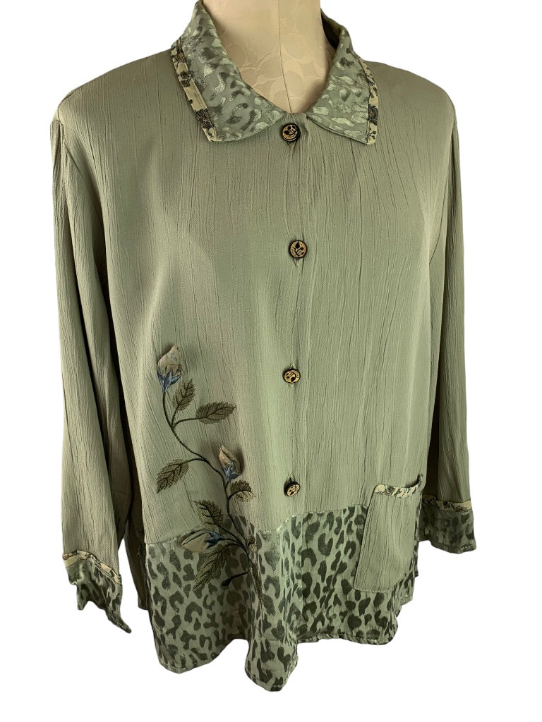 Large A. Spence Women's Sage Green Vintage Button Up Collared Blouse Shoulder Pads