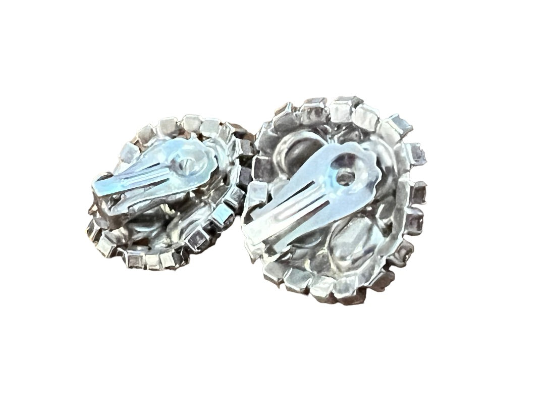 Vintage Formal Rhinestone Round Clip On Earrings Evening Bling