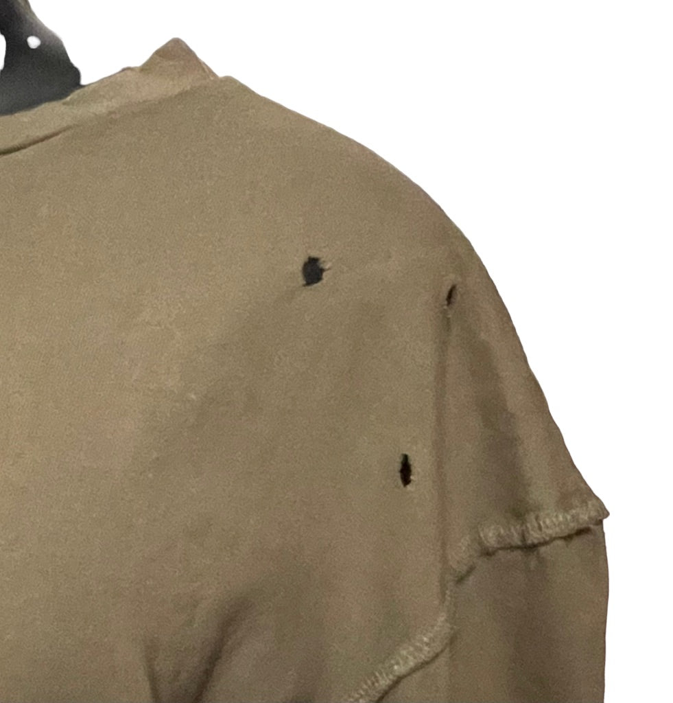 Medium Glam Los Angeles Long Sleeve Distressed Womens Top Olive Green High Low Hem