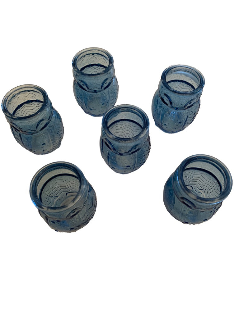 Set of 6 Vintage Blue Glass Owl Juice Glasses 3"h x 1 3/4" top diameter