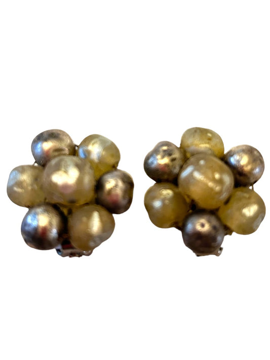 Vintage 1960s Japan Non-Pierced Clip On Earrings Metal Glass Beads 1"