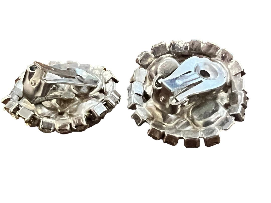 Vintage Formal Rhinestone Round Clip On Earrings Evening Bling